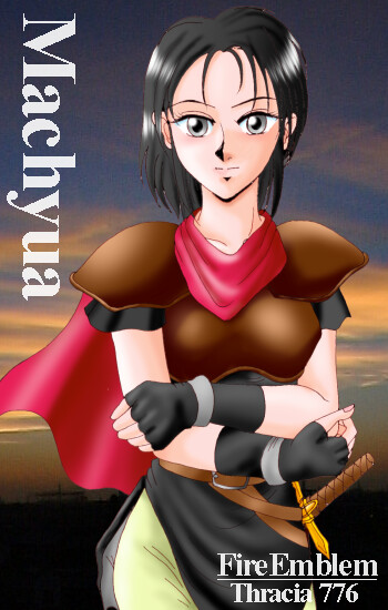 1girl, armor, black_hair, breastplate, brown_armor, capelet, character_name, copyright_name