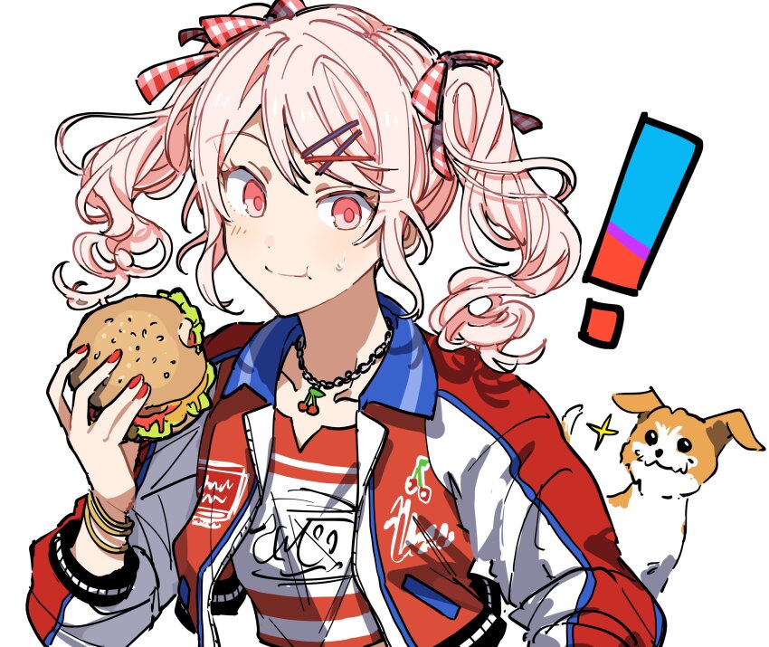 !, 1other, absurdres, akiyama_mizuki, blush, bracelet, burger, cherry_necklace