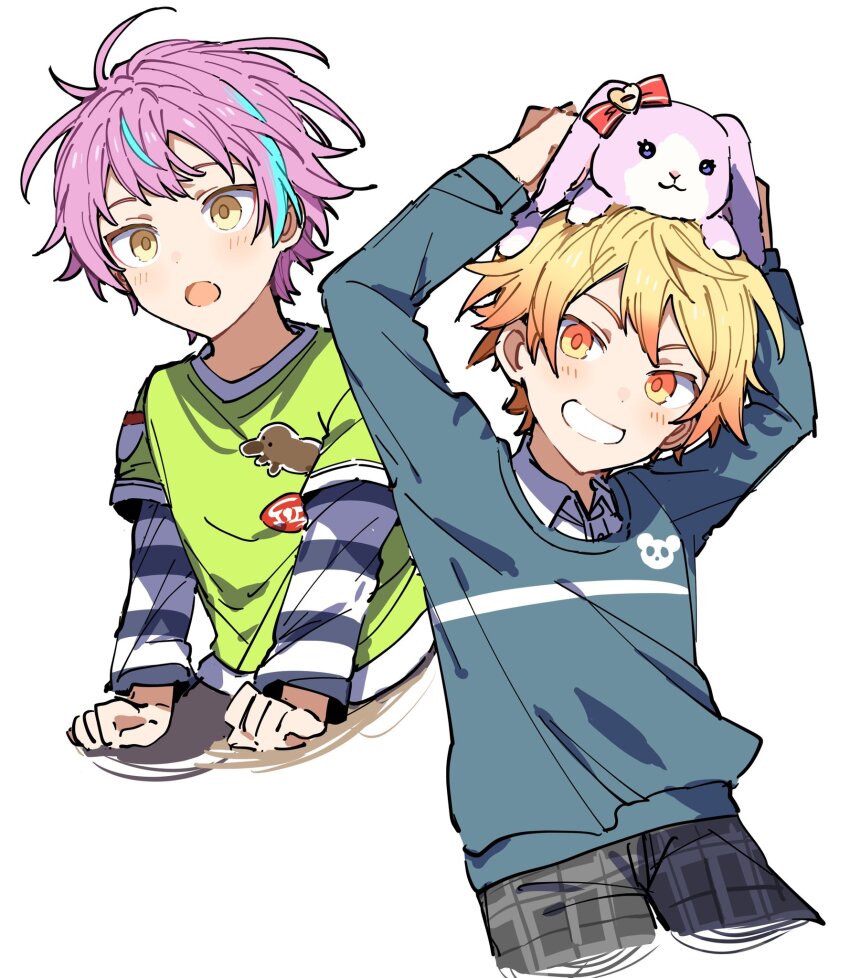 2boys, aged_down, arms_up, blonde_hair, blue_hair, blue_shirt, green_shirt, highres