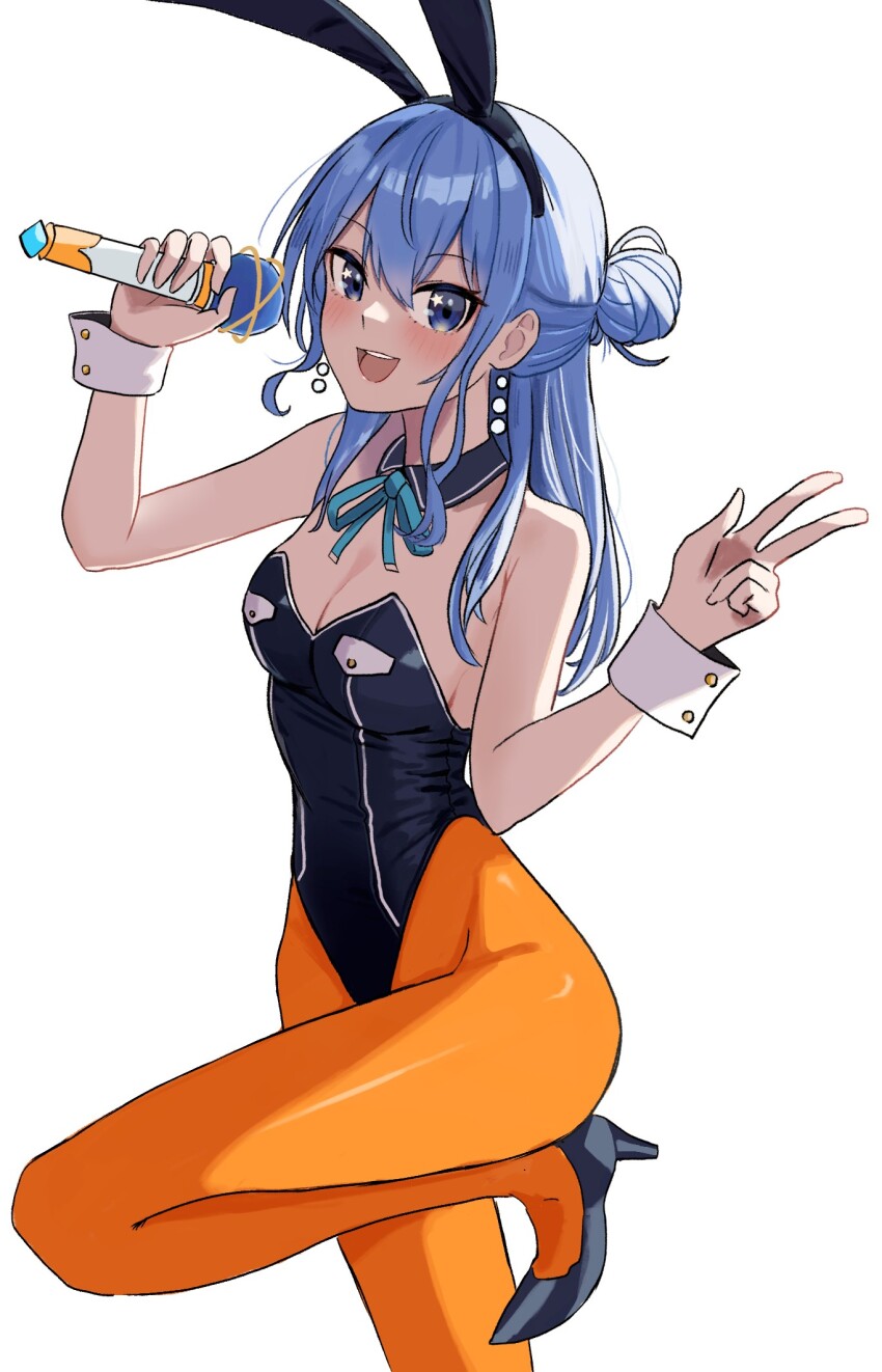 1girl, :d, adapted_costume, animal_ears, bare_shoulders, black_hairband, black_leotard, blue_eyes, blue_hair, blush, breasts, chrispy_tuna, detached_collar, earrings, fake_animal_ears, hair_bun, hairband, hands_up, highres, holding, holding_microphone, hololive, hoshimachi_suisei, hoshimachi_suisei_(casual), jewelry, knee_up, leotard, long_hair, looking_at_viewer, medium_breasts, microphone, neck_ribbon, open_mouth, orange_pantyhose, pantyhose, playboy_bunny, rabbit_ears, ribbon, simple_background, smile, solo, standing, standing_on_one_leg, star_(symbol), star_in_eye, symbol_in_eye, virtual_youtuber, w, white_background, wrist_cuffs