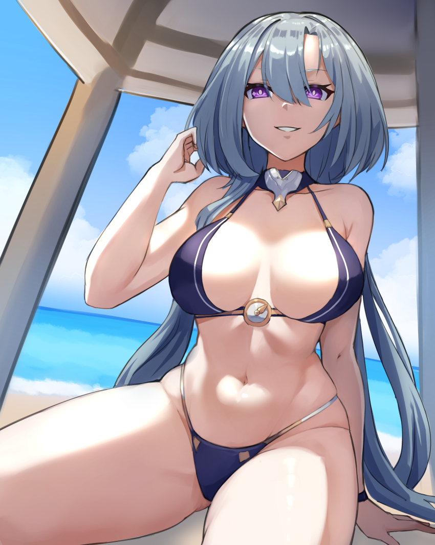 1girl, absurdres, aged_up, arm_support, bikini, blue_bikini, blue_hair, blue_sky