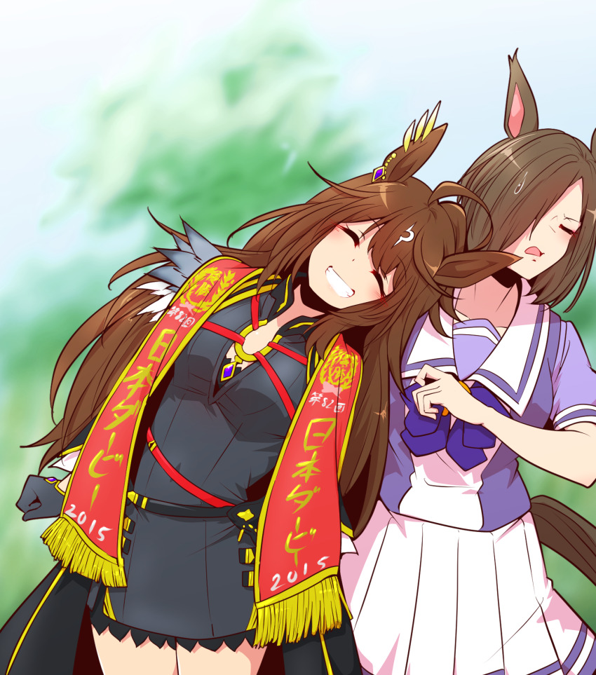 2girls, ^_^, ahoge, air_groove_(umamusume), animal_ears, black_gloves, black_jacket, bow, bowtie, brown_hair, closed_eyes, cowboy_shot, duramente_(umamusume), ear_bow, facing_viewer, gloves, head_tilt, highres, horse_ears, horse_girl, horse_tail, horseshoe_ornament, jacket, long_hair, multicolored_hair, multiple_girls, photo-referenced, pleated_skirt, puffy_short_sleeves, puffy_sleeves, purple_bow, purple_bowtie, purple_sailor_collar, purple_serafuku, purple_shirt, real_life, sailor_collar, sailor_shirt, school_uniform, serafuku, shirt, short_hair, short_sleeves, skirt, smile, streaked_hair, tail, tokyo_yushun, tracen_school_uniform, umamusume, umamusume_horse_relations, white_hair, white_skirt, yellow_bow, yonedatomo_mizu