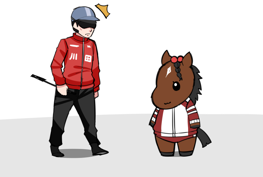 1boy, 1girl, :3, absurdres, aramori_susumu, black_pants, blue_headwear, buruma