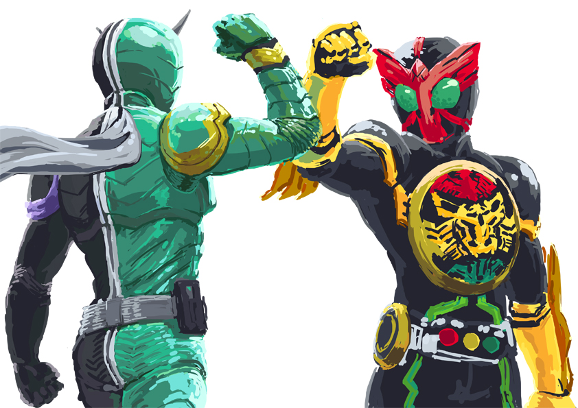 2boys, arm_bump, belt, black_bodysuit, bodysuit, fist_bump, kamen_rider, kamen_rider_double, kamen_rider_double_(cyclonejoker), kamen_rider_ooo, kamen_rider_ooo_(series), kamen_rider_ooo_(tatoba_combo), kamen_rider_w, multiple_boys, scarf, sketch, uyoshi