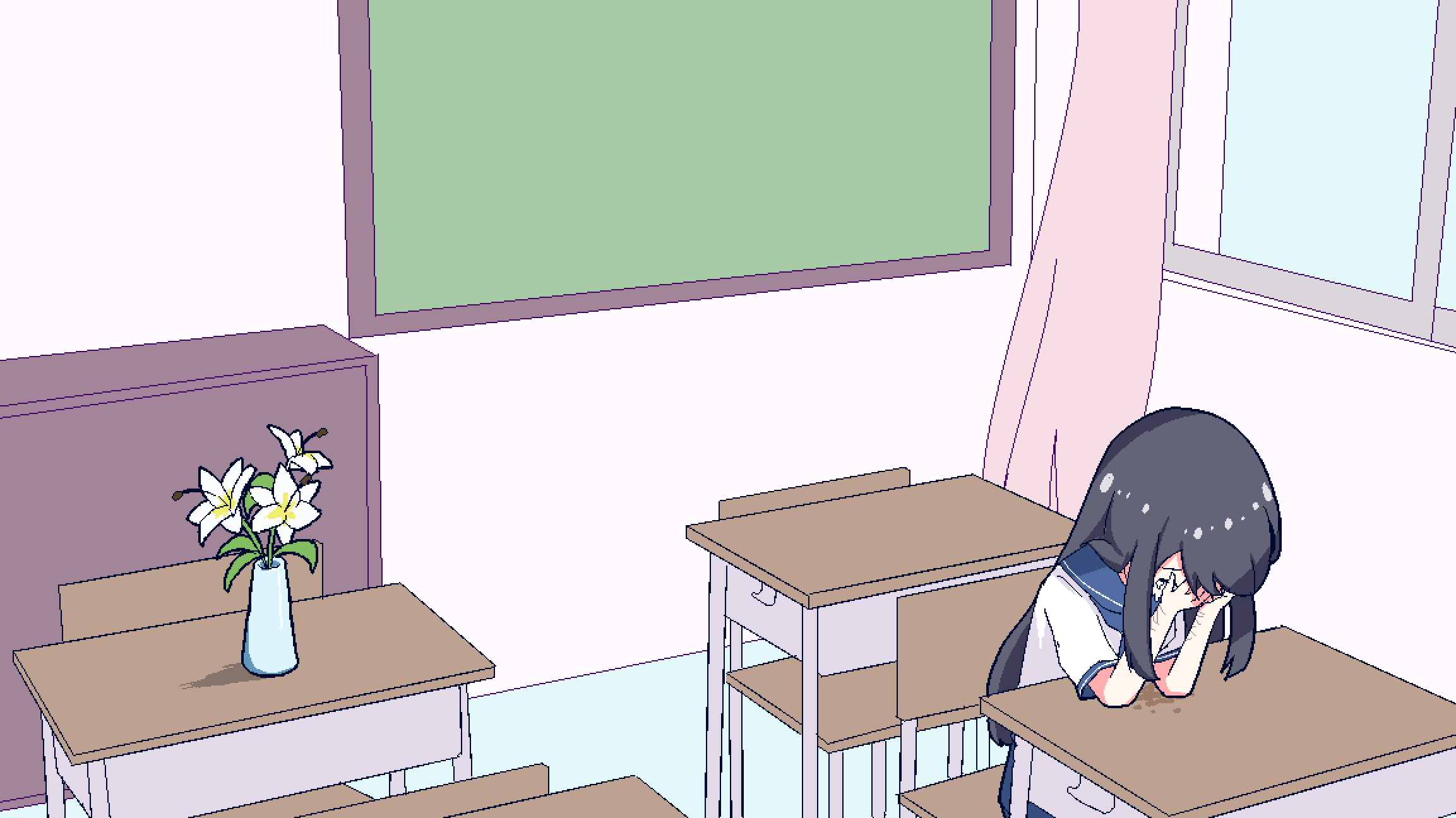 1girl, black_hair, blue_neckerchief, blue_sailor_collar, blue_skirt, chair, chibikki, classroom