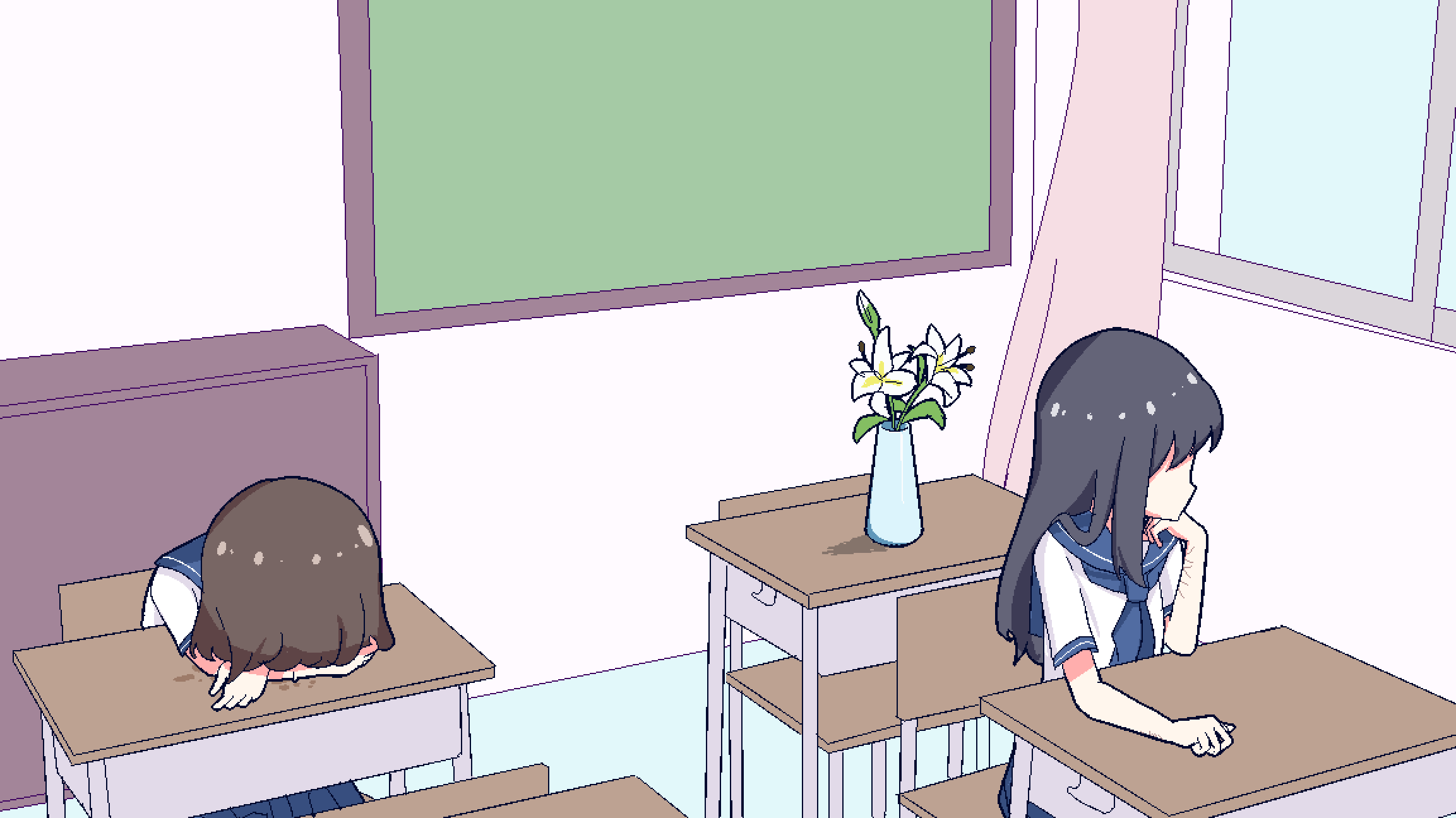 2girls, black_hair, blue_neckerchief, blue_sailor_collar, blue_skirt, brown_hair, chair, chibikki