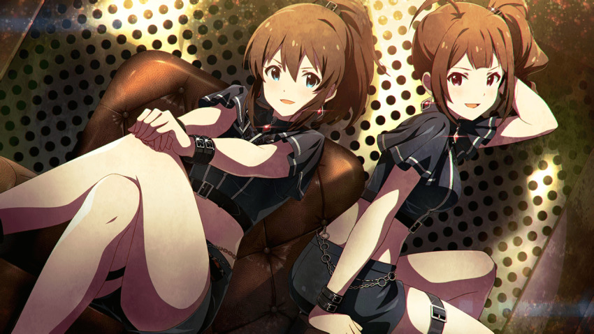 2girls, belt, blue_eyes, brown_hair, card_(medium), chain, chair, crossed_legs