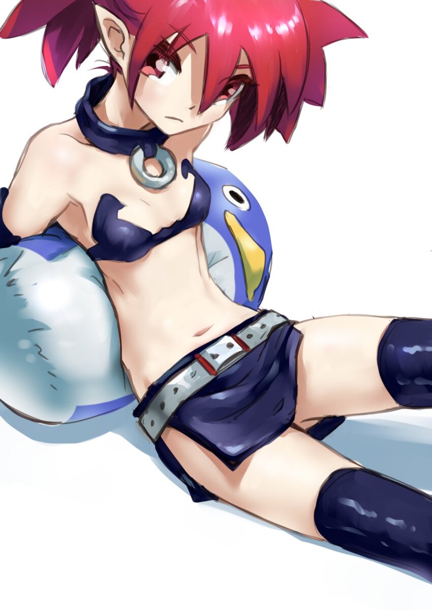 1girl, bare_shoulders, belt, blue_collar, blue_skirt, blue_thighhighs, breasts, collar, disgaea, etna_(disgaea), hair_between_eyes, highres, makai_senki_disgaea, miniskirt, navel, o-ring, o-ring_collar, pointy_ears, prinny, red_eyes, red_hair, short_hair, side_slit, simple_background, sitting, skirt, small_breasts, solo, tenshinhannnn, thighhighs, white_background, white_belt