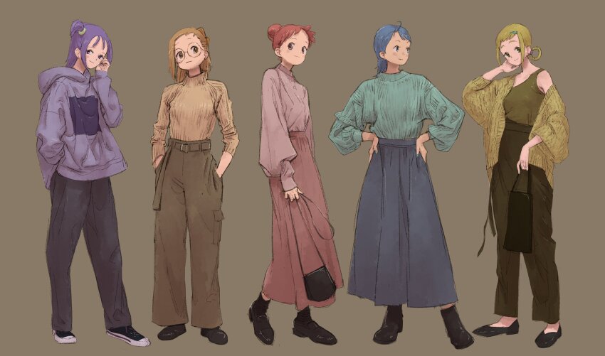 5girls, aged_up, asuka_momoko, black_footwear, blonde_hair, blue_hair, blue_nails, blue_skirt
