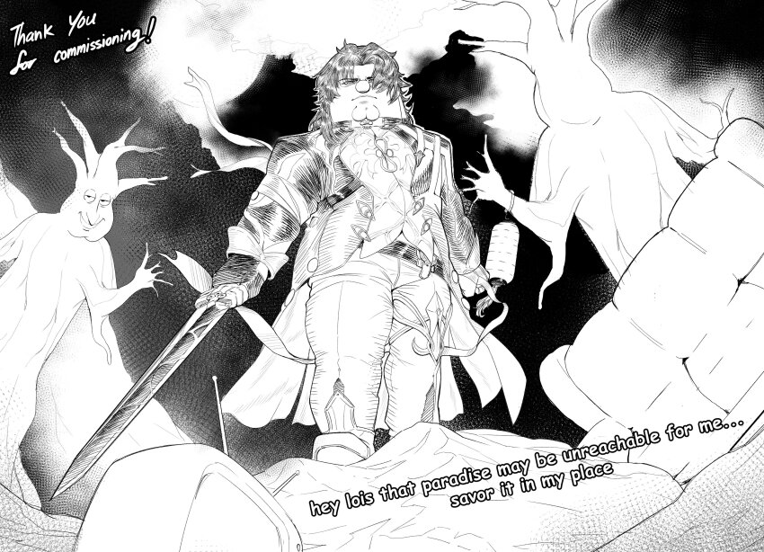 1boy, absurdres, bare_tree, blade_(honkai:_star_rail), blade_(honkai:_star_rail)_(cosplay), cleft_chin, coat, commission, cosplay, couch, english_text, family_guy, glenn_quagmire, grey_hair, highres, honkai:_star_rail, honkai_(series), kowai_(iamkowai), looking_at_viewer, medium_hair, monochrome, pants, peter_griffin, sword, television, thank_you, tree, weapon