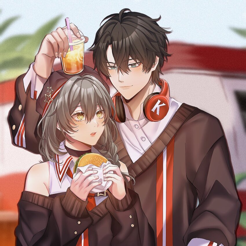 1boy, 1girl, alternate_costume, bare_shoulders, beret, black_hair, black_headwear, black_sleeves