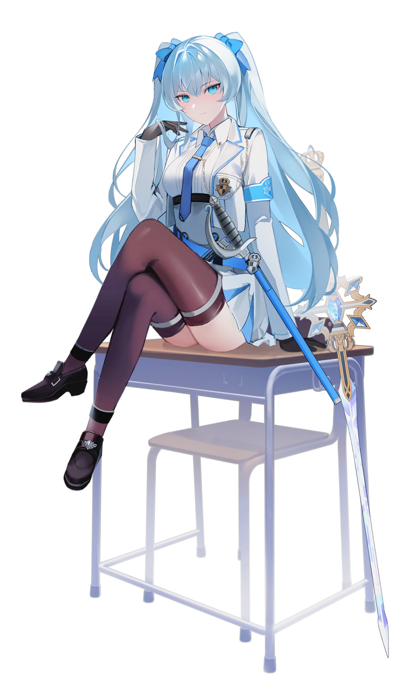 armband, ass, black_footwear, black_gloves, black_survival, black_thighhighs, blue_armband, blue_eyes