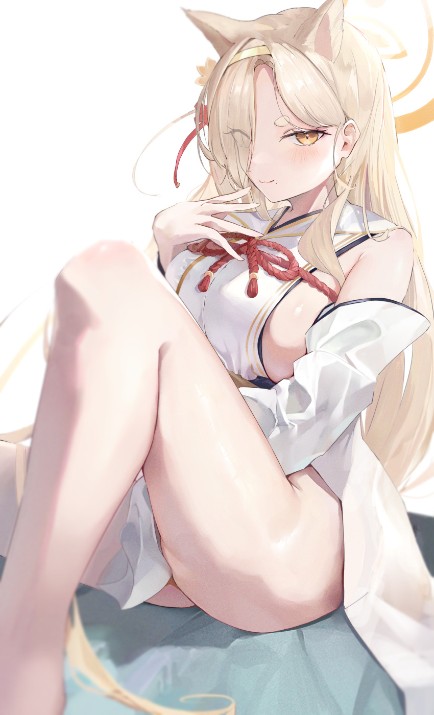 1girl, absurdres, animal_ears, armpit_crease, blonde_hair, blue_archive, blurry, blurry_foreground