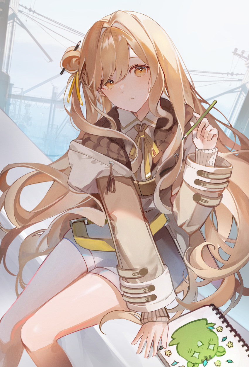 belt, black_survival, bow, brown_hair, brown_jacket, closed_mouth, construction_site, eternal_return:_black_survival