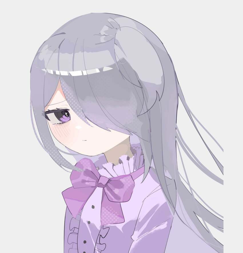 blush, bow, bowtie, grey_hair, hair_over_one_eye, highres, igarashi_azuki, oyumeno