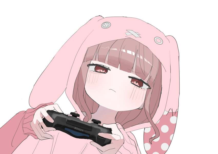 animal_ears, animal_hood, blush, brown_eyes, brown_hair, button_eyes, buttons, controller