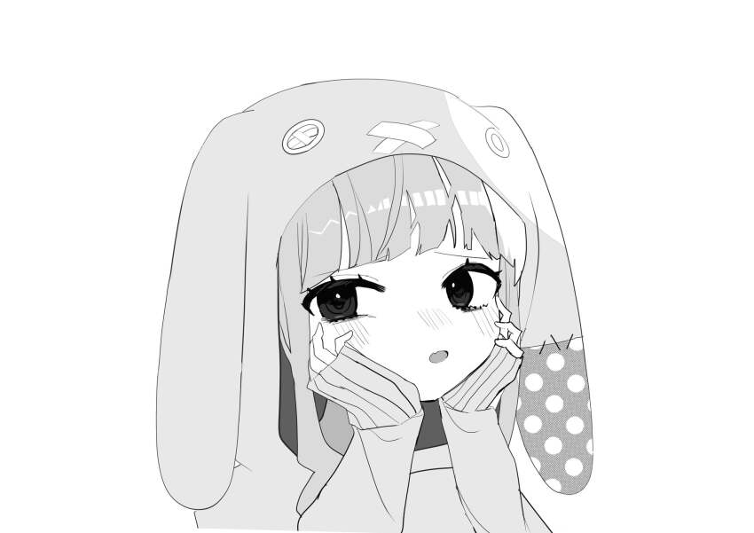 animal_ears, animal_hood, blush, button_eyes, buttons, cosplay, curly_hair, fang