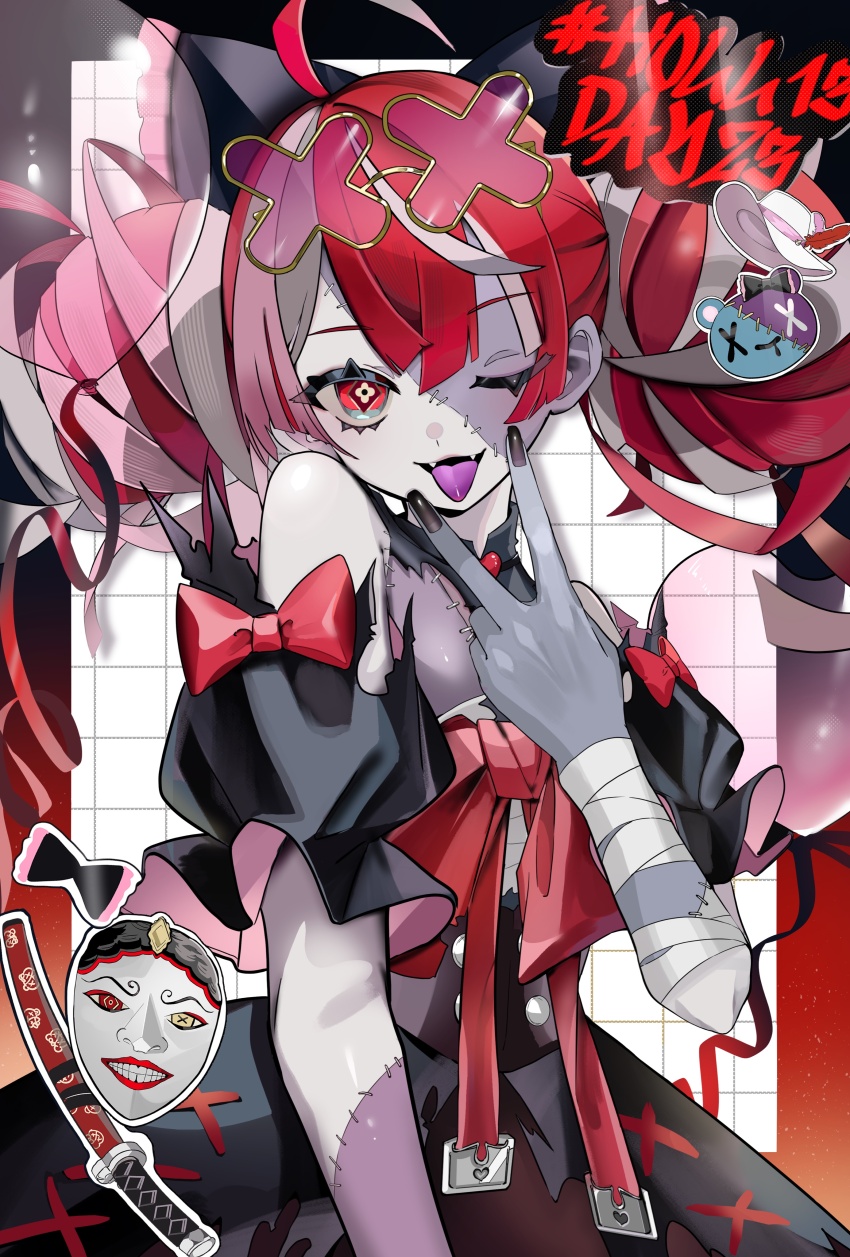 1girl, absurdres, ahoge, bare_shoulders, black_dress, black_nails, colored_skin, colored_tongue