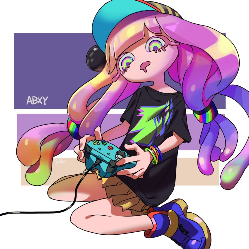 1girl, baseball_cap, black_shirt, blue_shoes, bracelet, colored_eyelashes, controller, d0000_ff