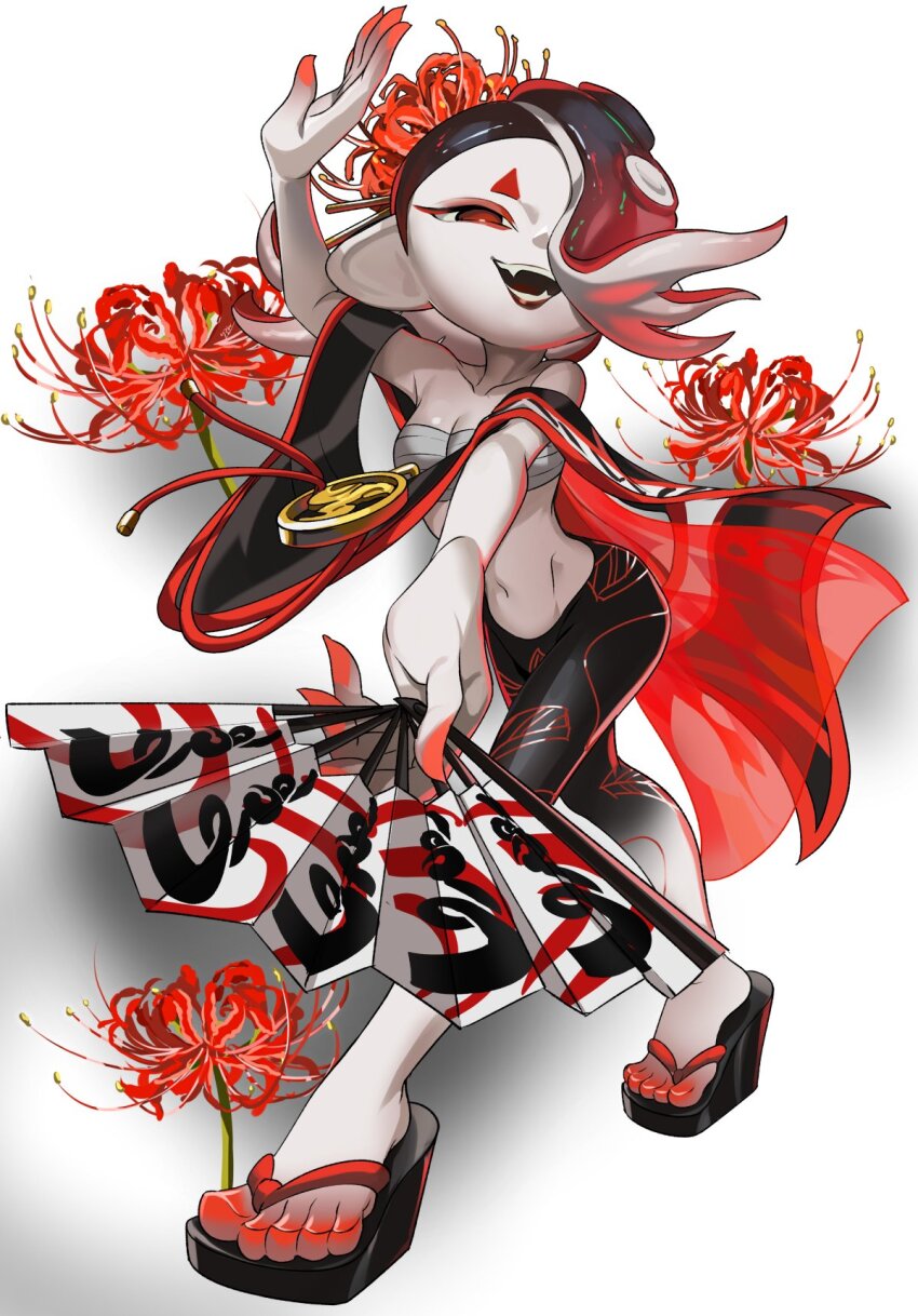 1girl, :d, arm_up, asymmetrical_hair, bare_shoulders, black_hair, black_lips, black_pants, breasts, chest_sarashi, cleavage, collarbone, colored_skin, d0000_ff, eyeshadow, fang, floating_hair, flower, folding_fan, gradient_clothes, gradient_hair, gradient_pants, groin, hair_flower, hair_ornament, hair_over_one_eye, hair_stick, hand_fan, highres, holding, holding_fan, lipstick, long_hair, makeup, multicolored_hair, multicolored_skin, navel, nintendo, octoling, official_alternate_costume, open_mouth, pants, poncho, red_eyes, red_eyeshadow, red_flower, red_hair, red_skin, red_trim, sandals, sarashi, shiver_(splatoon), shiver_(splatoween)_(splatoon), short_eyebrows, simple_background, small_breasts, smile, solo, spider_lily, splatoon_(series), splatoon_3, suction_cups, teeth, tentacle_hair, tight_clothes, tight_pants, two-tone_hair, two-tone_pants, two-tone_skin, white_background, white_pants, white_skin, zouri