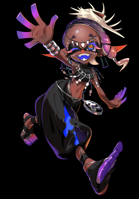 1girl, ;d, asymmetrical_hair, bandaged_foot, bandages, black_background, black_bandages, black_pants, blue_eyes, blue_leggings, blue_tongue, bracelet, breasts, circlet, colored_extremities, colored_eyelashes, colored_skin, colored_tongue, covered_collarbone, crop_top, cross-shaped_pupils, d0000_ff, dark-skinned_female, dark_skin, earrings, facial_mark, fangs, forehead, frye_(splatoon), frye_(splatoween)_(splatoon), full_body, gradient_hair, groin, hair_ornament, harem_pants, inkling, jewelry, leggings, long_pointy_ears, medium_hair, midriff, multicolored_eyes, multicolored_hair, multicolored_skin, multiple_bracelets, navel, nintendo, official_alternate_costume, official_alternate_hair_color, one_eye_closed, open_mouth, orange_hair, orange_pupils, orange_skin, outstretched_arm, pants, pointy_ears, purple_hair, purple_skin, seashell, shell, shell_hair_ornament, short_eyebrows, simple_background, sleeveless, small_breasts, smile, solo, splatoon_(series), splatoon_3, symbol-shaped_pupils, teeth, torn_clothes, torn_pants, two-tone_hair, yellow_eyes