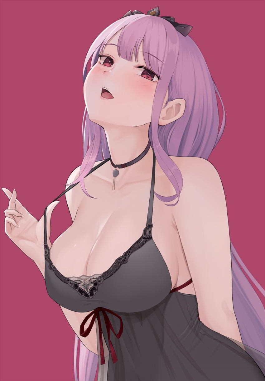 1girl, arm_behind_back, bare_arms, bare_shoulders, black_dress, blush, breasts, choker, cleavage, collarbone, dress, hand_up, head_tilt, highres, hololive, hololive_english, large_breasts, lips, long_hair, looking_at_viewer, mori_calliope, open_mouth, pink_hair, pulling_own_clothes, red_background, red_choker, red_eyes, red_ribbon, ribbon, seductive_smile, see-through_clothes, sidelocks, simple_background, smile, solo, spaghetti_strap, straight_hair, strap_pull, swept_bangs, teeth, tiara, tongue, underbust, upper_body, upper_teeth_only, vii22581034, virtual_youtuber