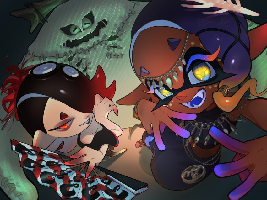 1boy, 2girls, asymmetrical_hair, big_man_(splatoon), big_man_(splatoween)_(splatoon), black_hair, black_lips, black_pants