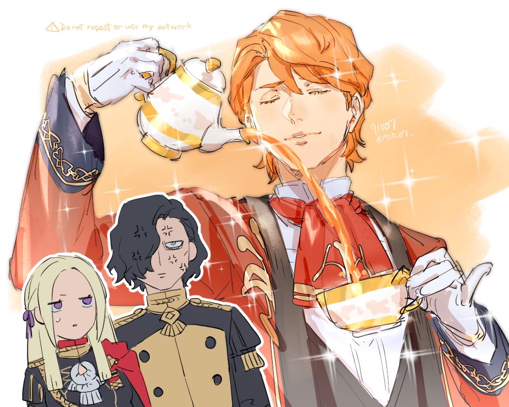 1girl, 2boys, 91007, anger_vein, annoyed, bags_under_eyes, black_hair, cup