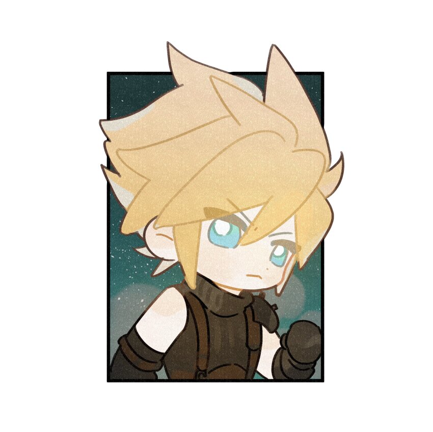 1boy, armor, belt, black_gloves, blonde_hair, blue_eyes, chibi, cloud_strife