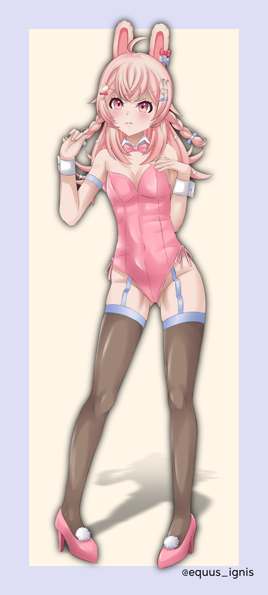 1girl, animal_ears, bow, bowtie, braid, breasts, cleavage, covered_navel