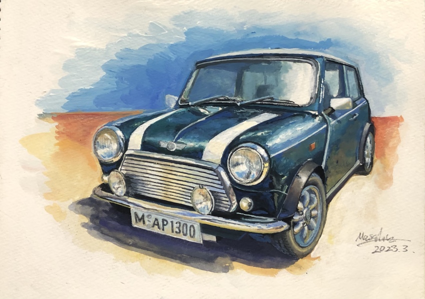 absurdres, artist_name, atelier_634, blue_sky, car, dated, green_car, highres, license_plate, mini_cooper, motor_vehicle, no_humans, original, painting_(medium), shadow, signature, simple_background, sky, traditional_media, vehicle_focus, white_background
