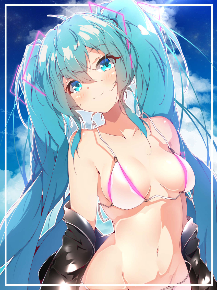 1girl, aqua_eyes, aqua_hair, bare_shoulders, bikini, black_jacket, blush, breasts