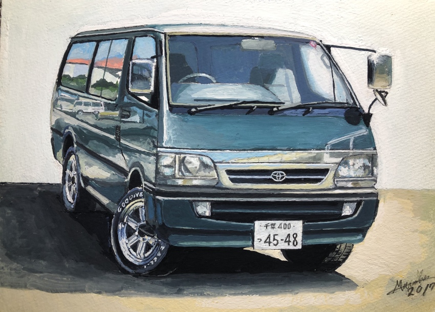absurdres, artist_name, atelier_634, car, dated, green_car, highres, license_plate, motor_vehicle, no_humans, original, painting_(medium), reflection, road, shadow, signature, toyota, toyota_hiace, traditional_media, vehicle_focus