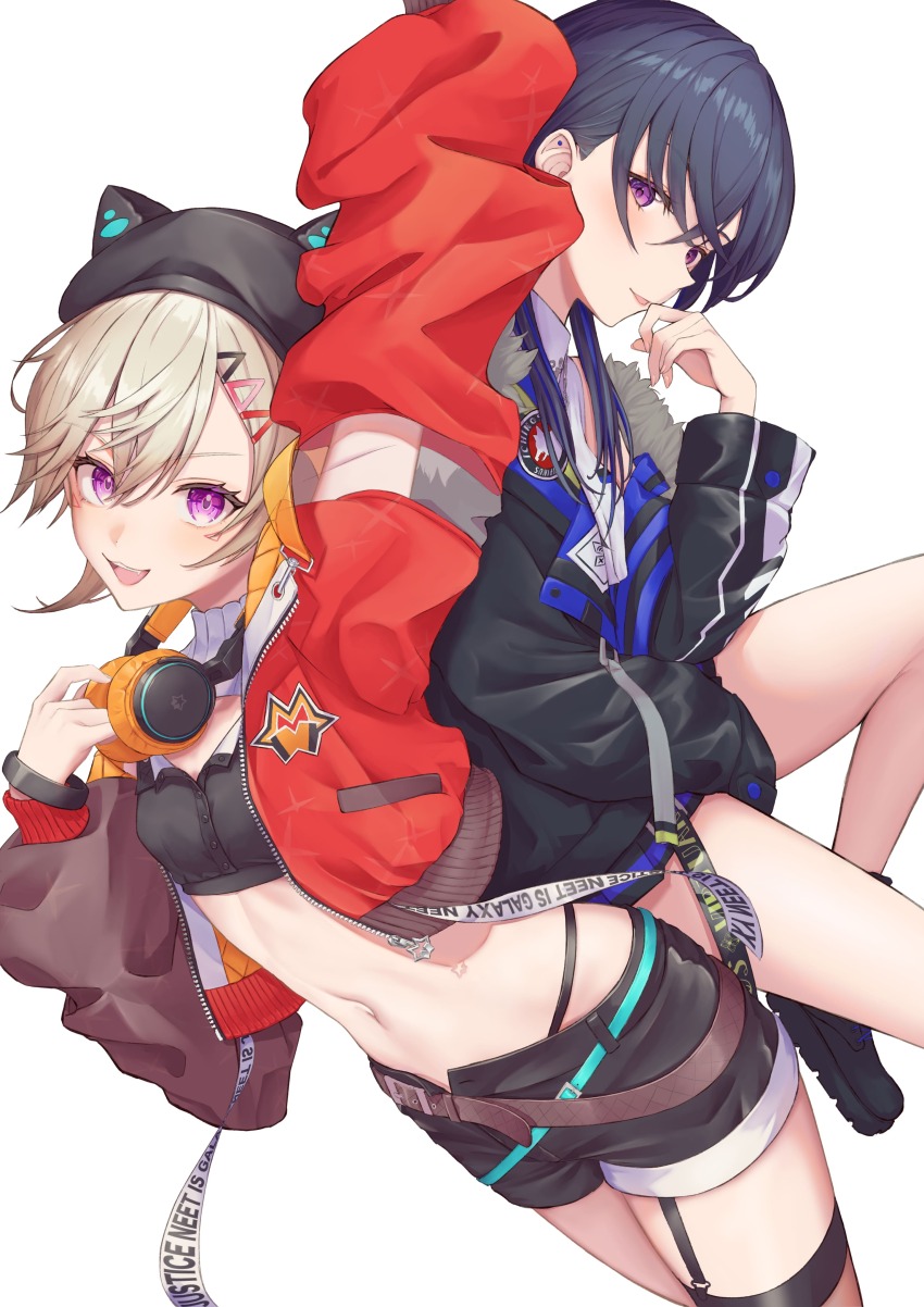 2girls, absurdres, animal_hat, aruto_araragi, belt, black_footwear, black_hair, black_jacket