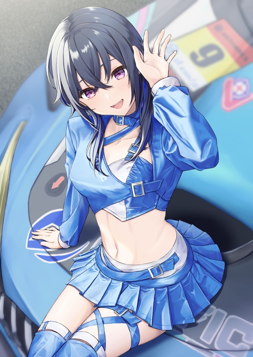 1girl, absurdres, aruto_araragi, asymmetrical_clothes, black_hair, black_thighhighs, blue_collar, blue_hair, blue_jacket, blue_ribbon, blue_skirt, breasts, car, collar, crop_top, crossed_bangs, fang, hair_between_eyes, highres, ichinose_uruha, jacket, long_hair, long_sleeves, looking_at_viewer, medium_breasts, midriff, miniskirt, motor_vehicle, multicolored_hair, navel, on_car, open_mouth, pleated_skirt, purple_eyes, race_queen, ribbon, sitting, skirt, smile, solo, streaked_hair, thighhighs, virtual_youtuber, vspo!, waving, wolf_cut, zettai_ryouiki