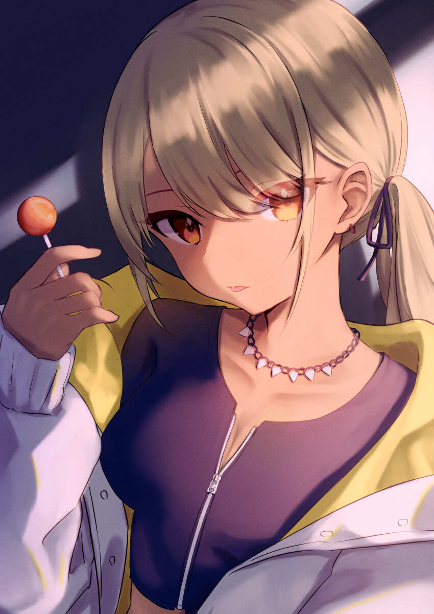 1girl, absurdres, aruto_araragi, black_ribbon, black_shirt, blonde_hair, breasts, candy
