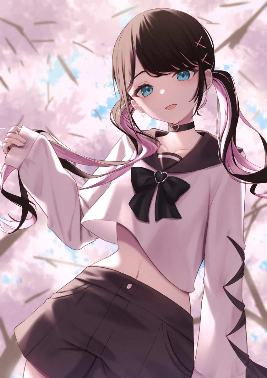 1girl, absurdres, aruto_araragi, black_bow, blue_eyes, bow, brown_choker, brown_hair