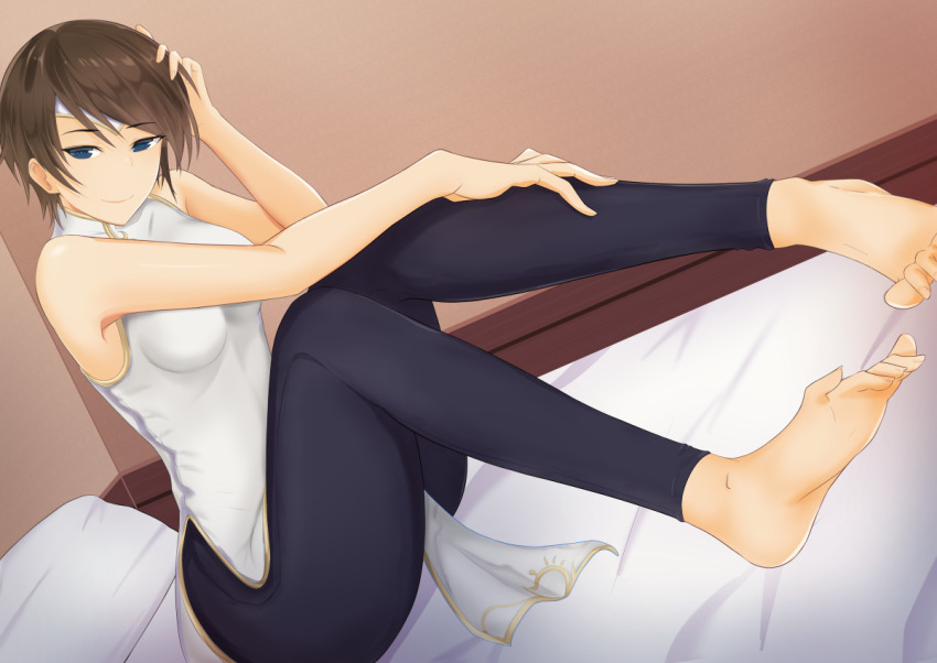 1girl, barefoot, bed, bed_sheet, black_eyes, black_pants, breasts, brown_hair