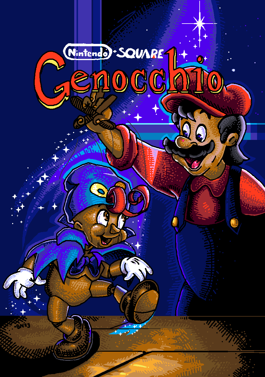 2boys, black_hair, blue_cape, blue_headwear, blue_overalls, box_art, brown_footwear, bryantobikomi, cape, collared_shirt, doll_joints, facial_hair, fake_box_art, geno_(mario), gloves, hat, highres, joints, mario, mario_(series), multiple_boys, mustache, newsboy_cap, nintendo, open_mouth, overalls, parody, pinocchio_(disney_movie), pointy_hat, puppet, puppet_strings, red_hair, red_headwear, red_shirt, shirt, smile, square_enix, standing, standing_on_one_leg, super_mario_rpg, walking, white_gloves