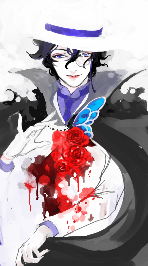 1boy, black_cape, black_hair, blending, blood, blood_on_clothes, blood_splatter, blue_eyes