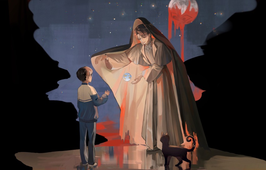 2boys, absurdres, aged_down, belt, black_cat, black_footwear, black_hair, black_robe, blood, cat, earth_(planet), fingernails, full_moon, glasses, highres, klein_moretti, looking_at_another, lord_of_the_mysteries, maikelaien, moon, mother_goddess_of_depravity, multiple_boys, night, outdoors, parted_lips, planet, reflective_floor, robe, short_hair, sky, smile, star_(sky), starry_sky, white_footwear