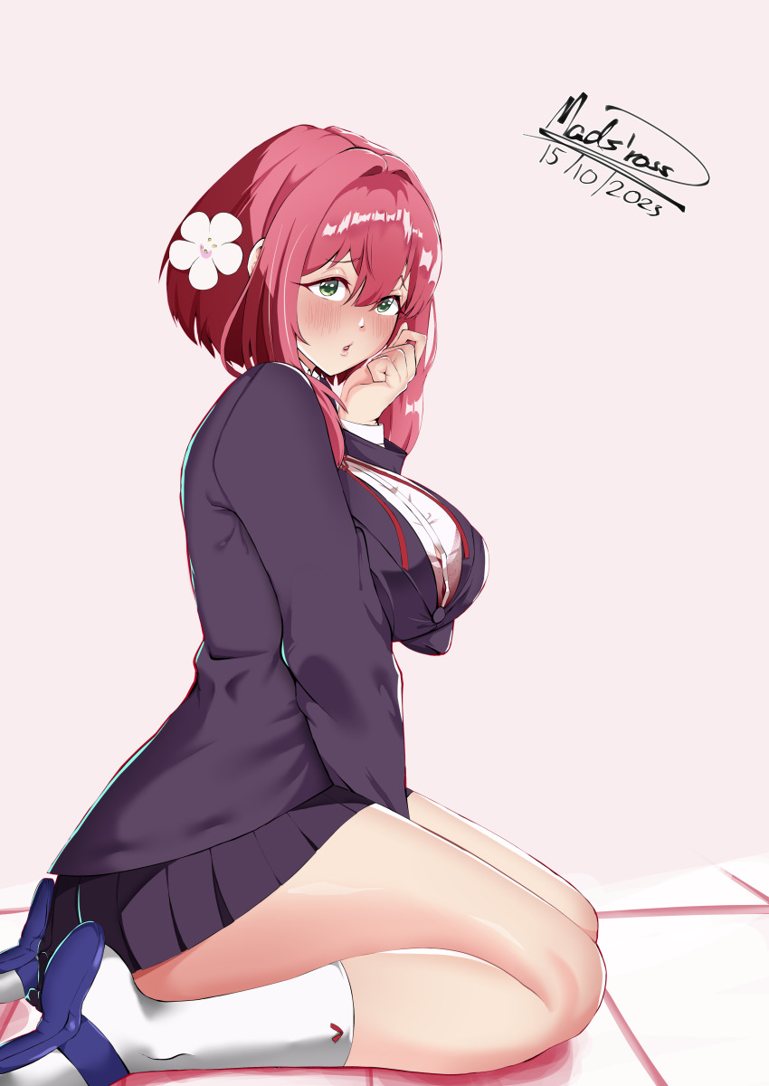 1girl, :o, absurdres, black_skirt, blue_jacket, blue_sandals, blush, breasts