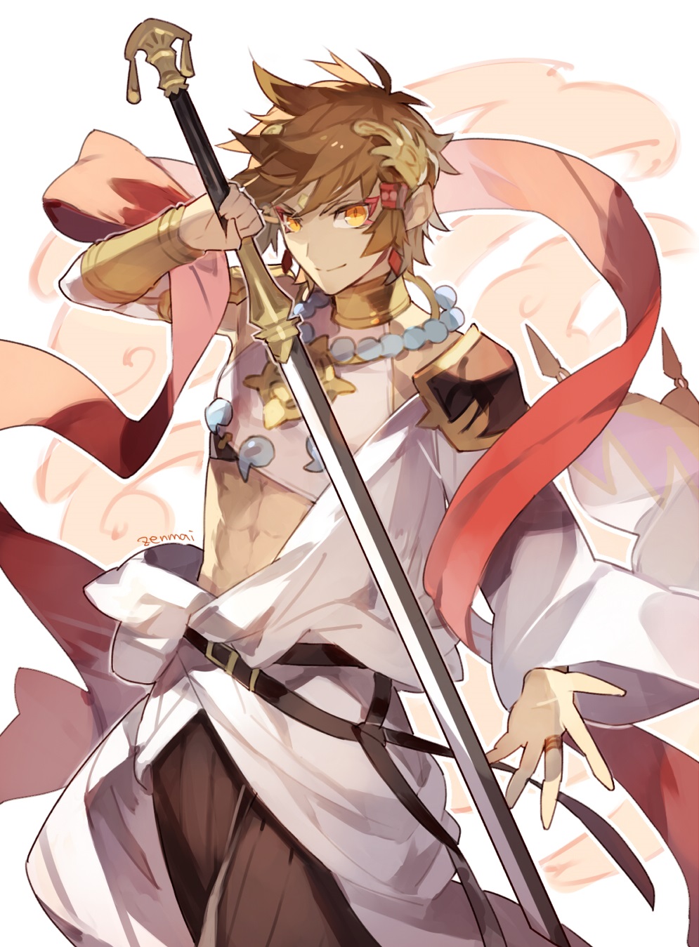 1boy, abs, armor, artist_name, belt, black_pants, brown_hair, closed_mouth