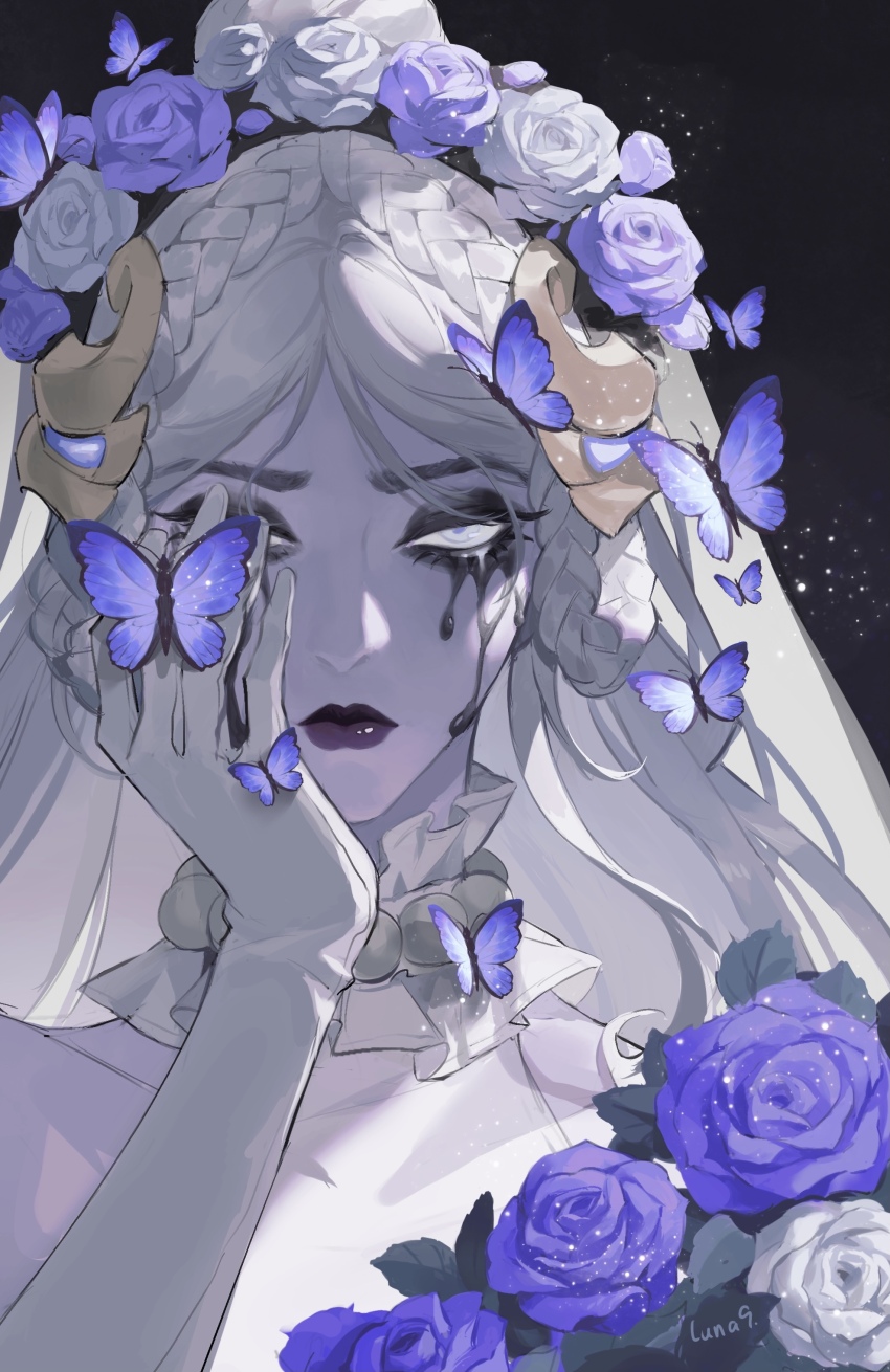 1girl, 2023, absurdres, artist_name, black_mascara, braid, bridal_veil, bride, bug, butterfly, covering_one_eye, dress, flower, ghost_bride_widowmaker, gloves, highres, insect, luna-9, makeup, mascara, overwatch, overwatch_2, purple_flower, purple_rose, rose, runny_makeup, solo, tears, veil, wedding_dress, white_dress, white_flower, white_gloves, white_hair, white_rose, widowmaker_(overwatch)