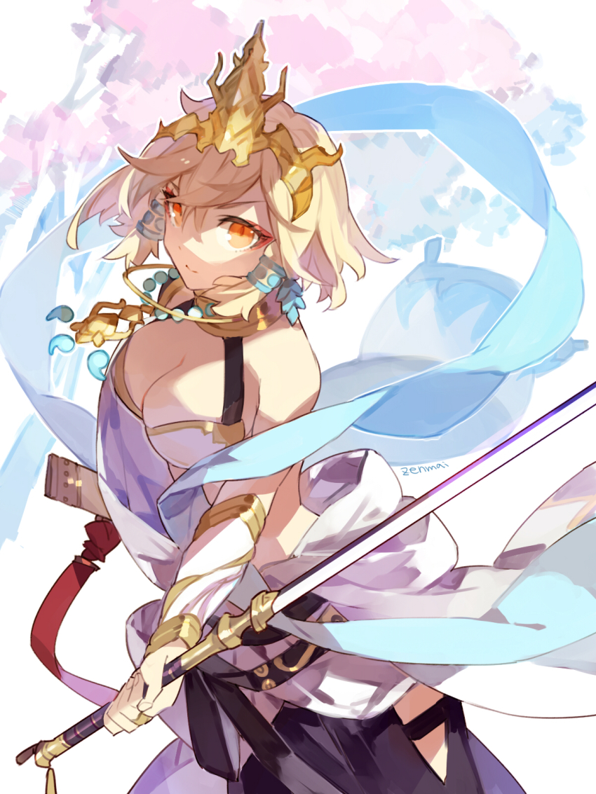 1girl, artist_name, bare_shoulders, black_pants, blonde_hair, breasts, cleavage, closed_mouth, cowboy_shot, djeeta_(granblue_fantasy), eyeliner, flower, granblue_fantasy, hagoromo, hair_tubes, headpiece, highres, holding, holding_sword, holding_weapon, jewelry, looking_at_viewer, makeup, medium_breasts, necklace, orange_hair, pants, ring, robe, rose, shawl, sheath, short_hair, solo, standing, sword, vambraces, weapon, white_flower, white_robe, white_rose, yamato_(granblue_fantasy), zenmai_(cyenmi3)