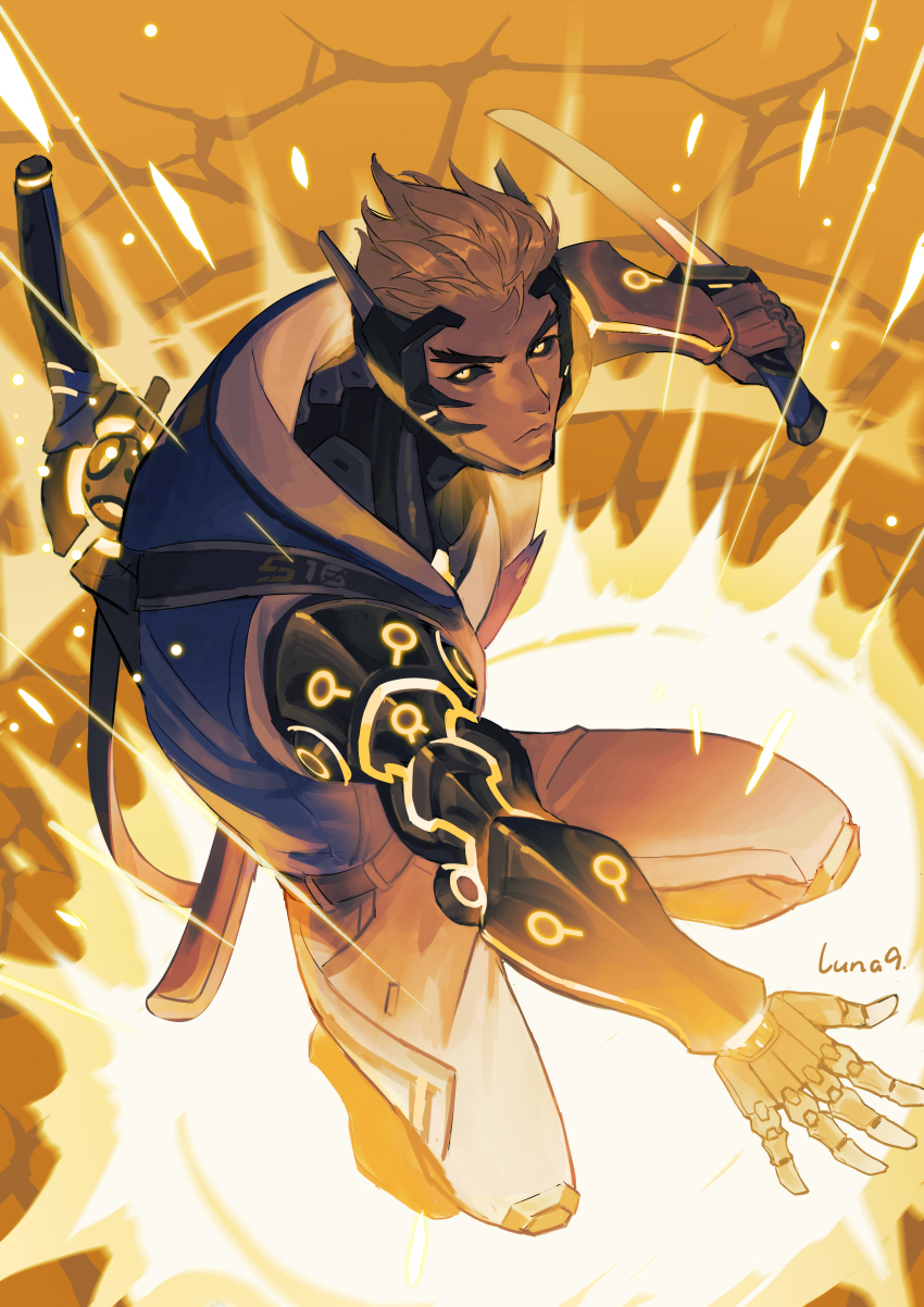 absurdres, blonde_hair, blue_hoodie, crossover, cyborg, genji_(overwatch), genos, genos_genji