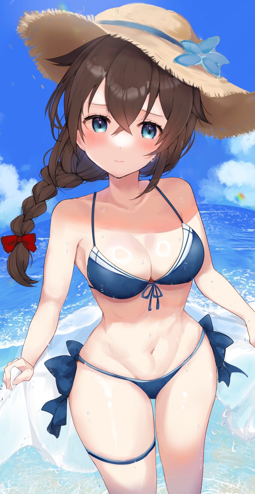 1girl, absurdres, alternate_costume, beach, bikini, blue_bikini, blue_eyes, blush