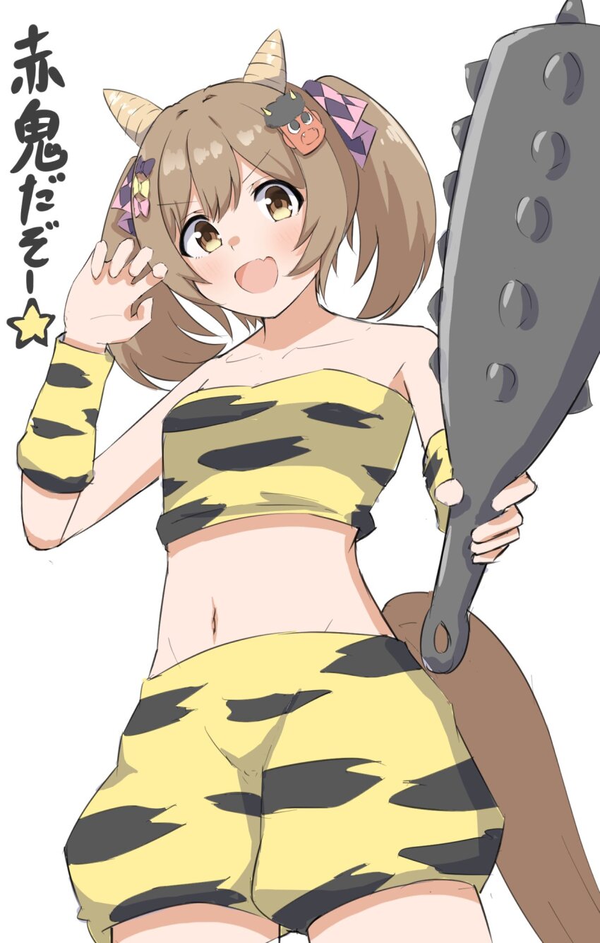 1girl, animal_ears, bare_shoulders, bow, brown_hair, club_(weapon), collarbone, cosplay