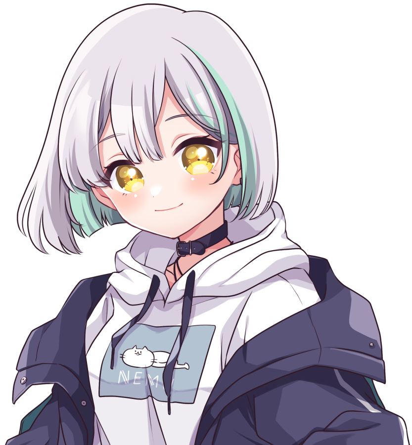 1girl, belt, belt_collar, black_belt, black_jacket, blue_hair, blush, breasts