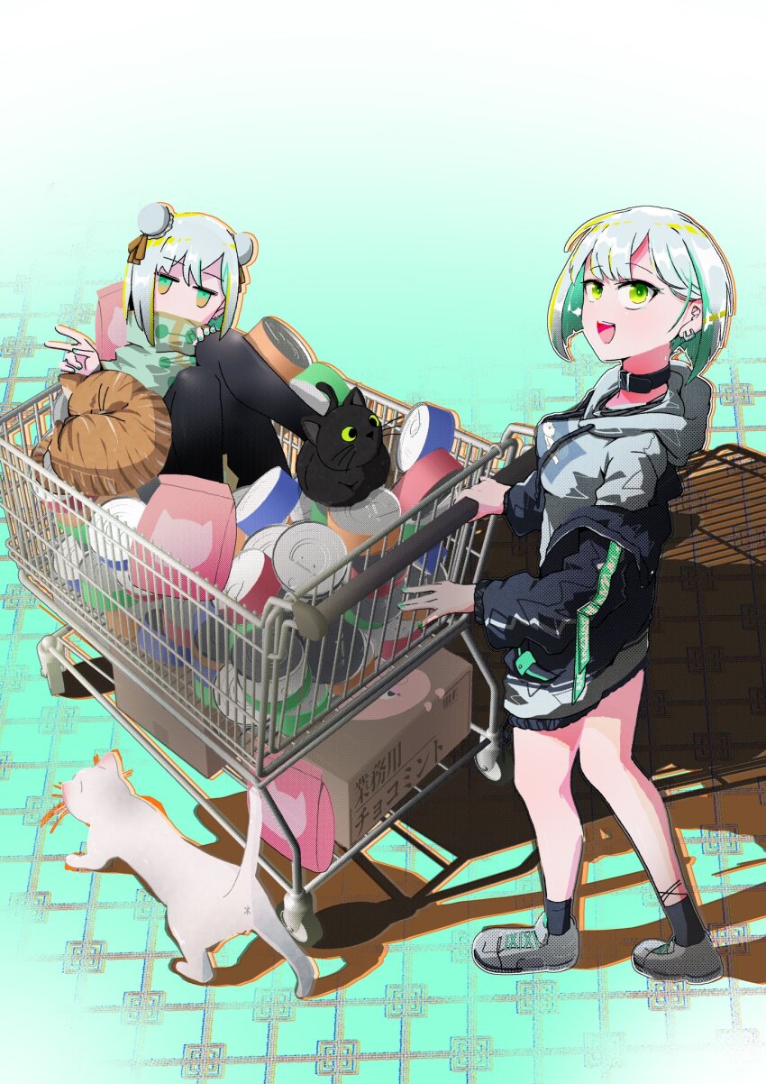 2girls, :d, bane_mk-2, black_cat, black_jacket, black_socks, brown_cat, bun_cover